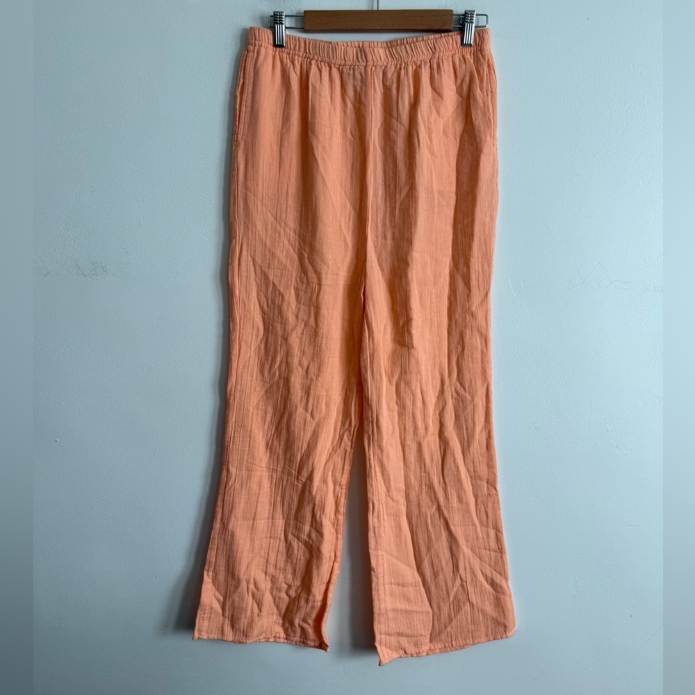 Kerri Rosenthal Peach Cotton Button Down Shirt and Pant“Loved” Embroidery Size M